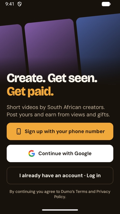 The Dumo app's welcome screen: sign up with your phone number or continue with Google